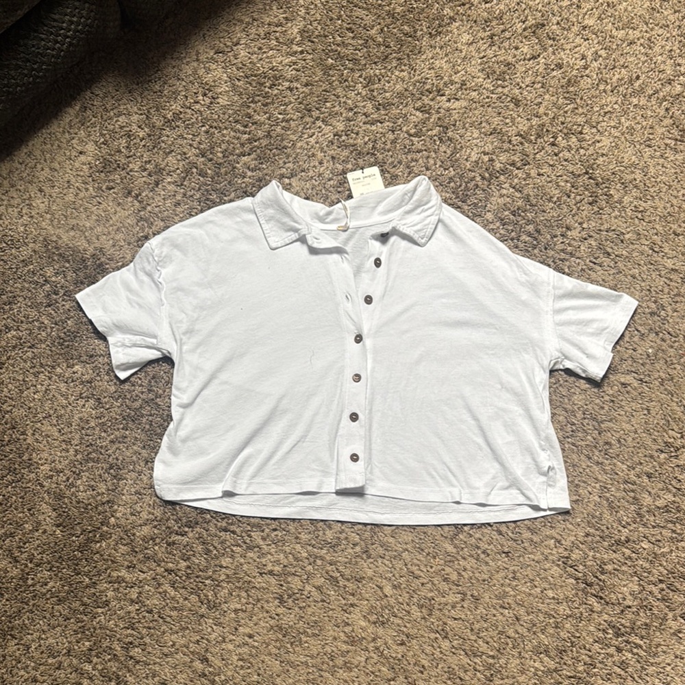 Free People White Short Sleeve Button-Up Tee